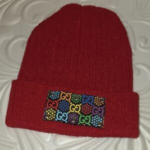 Red GUCCI Beanie with Multicolor Logo Patch